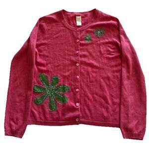 Garnet Hill Lambs Wool Pink Cardigan Sz Medium Sweater Green Flowers Sequins